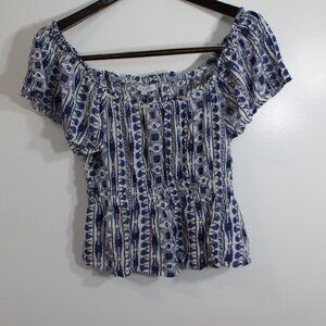 Patrons of Peace NWOT Blue and White Floral Boho Smocked Waist Top (M)